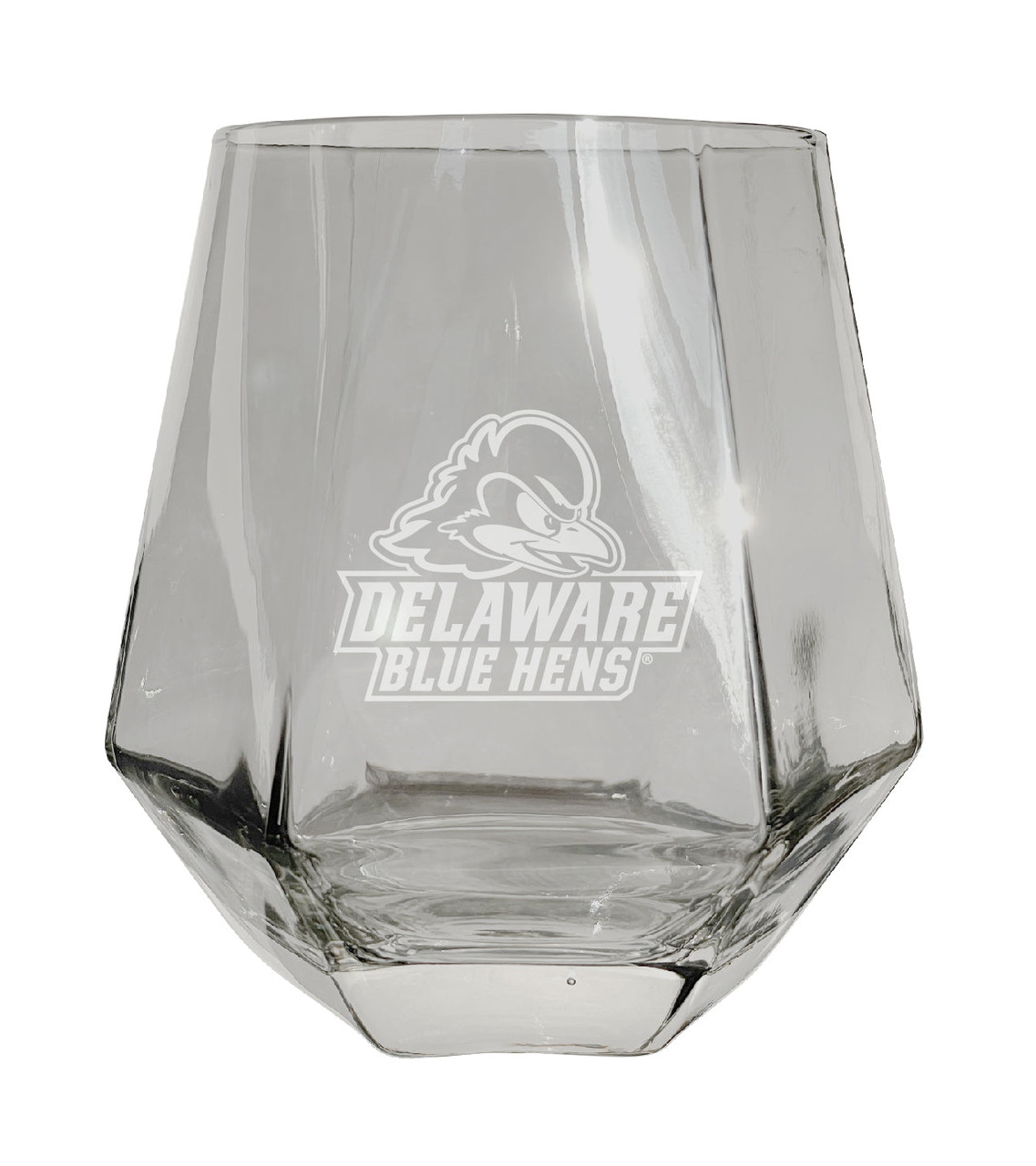 Delaware Blue Hens Etched Diamond Cut Stemless 10 ounce Wine Glass Clear