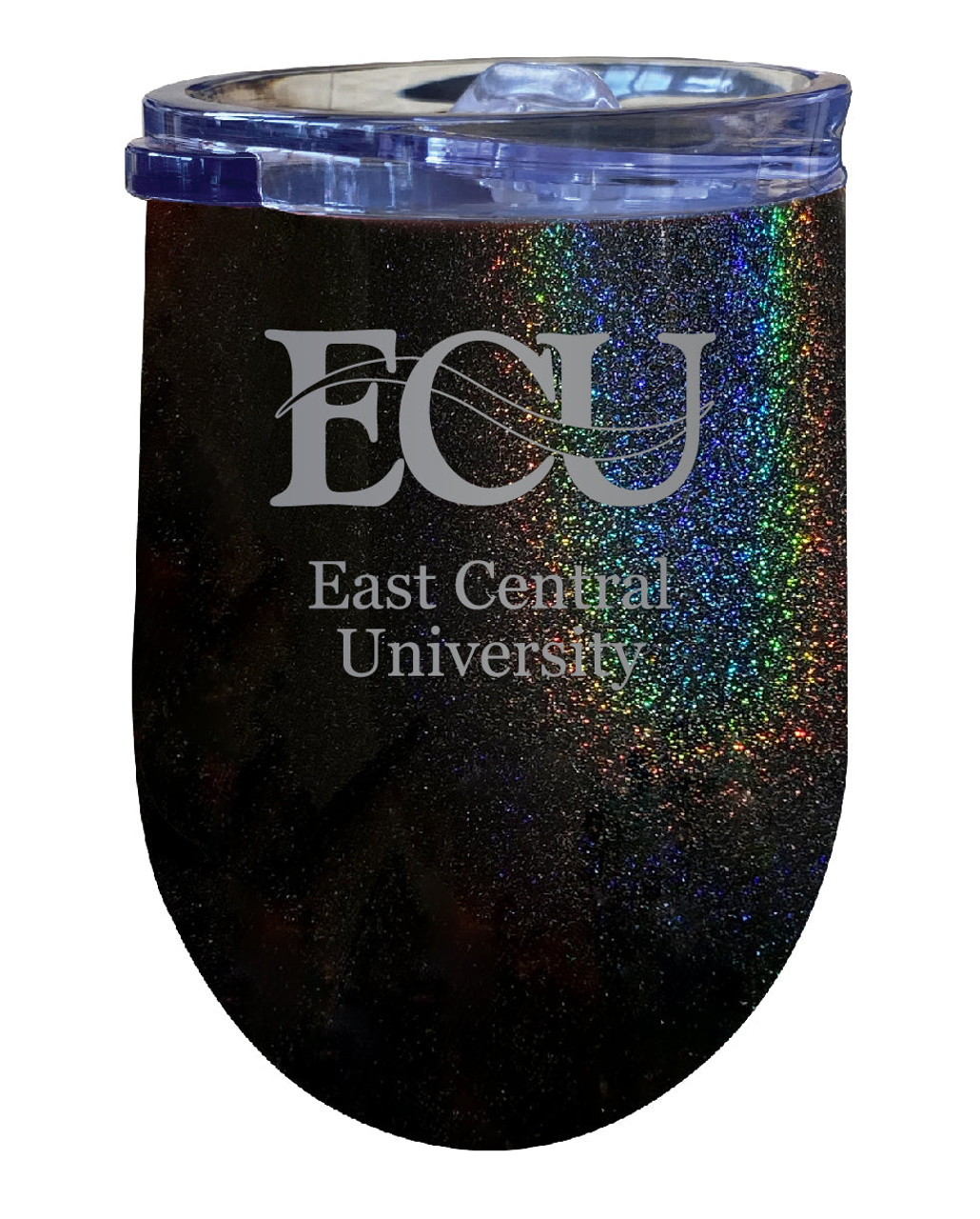 East Central University Tigers 12 oz Laser Etched Insulated Wine Stainless Steel Tumbler Rainbow Glitter Black