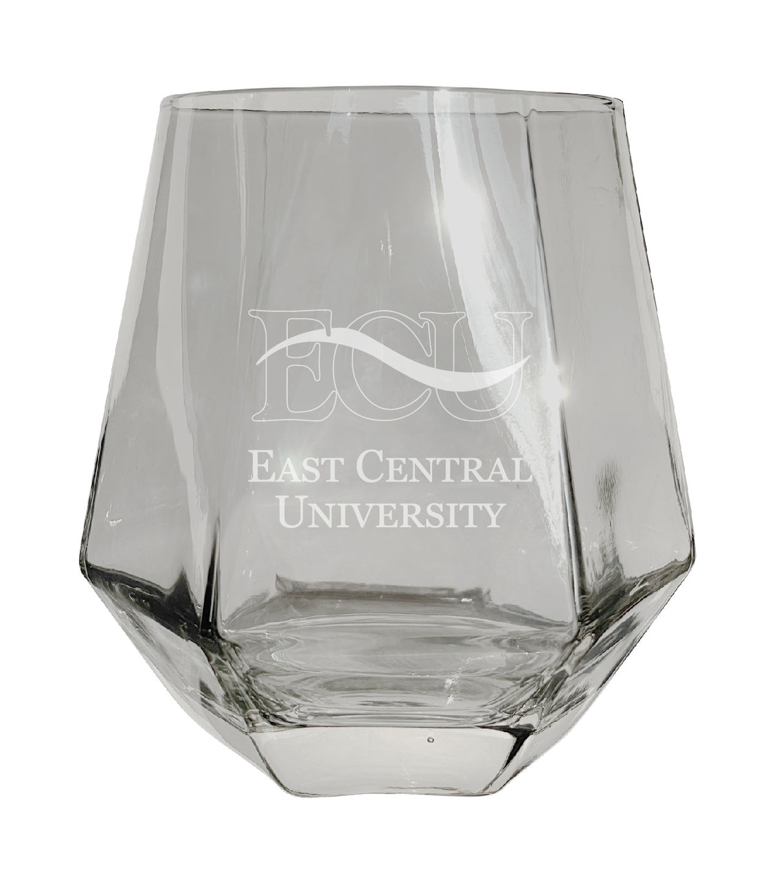 East Central University Tigers Etched Diamond Cut Stemless 10 ounce Wine Glass Clear