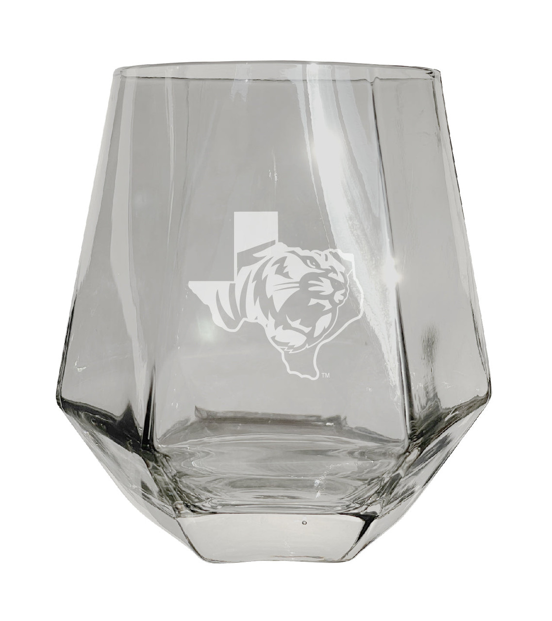 East Texas Baptist University Etched Diamond Cut Stemless 10 ounce Wine Glass Clear