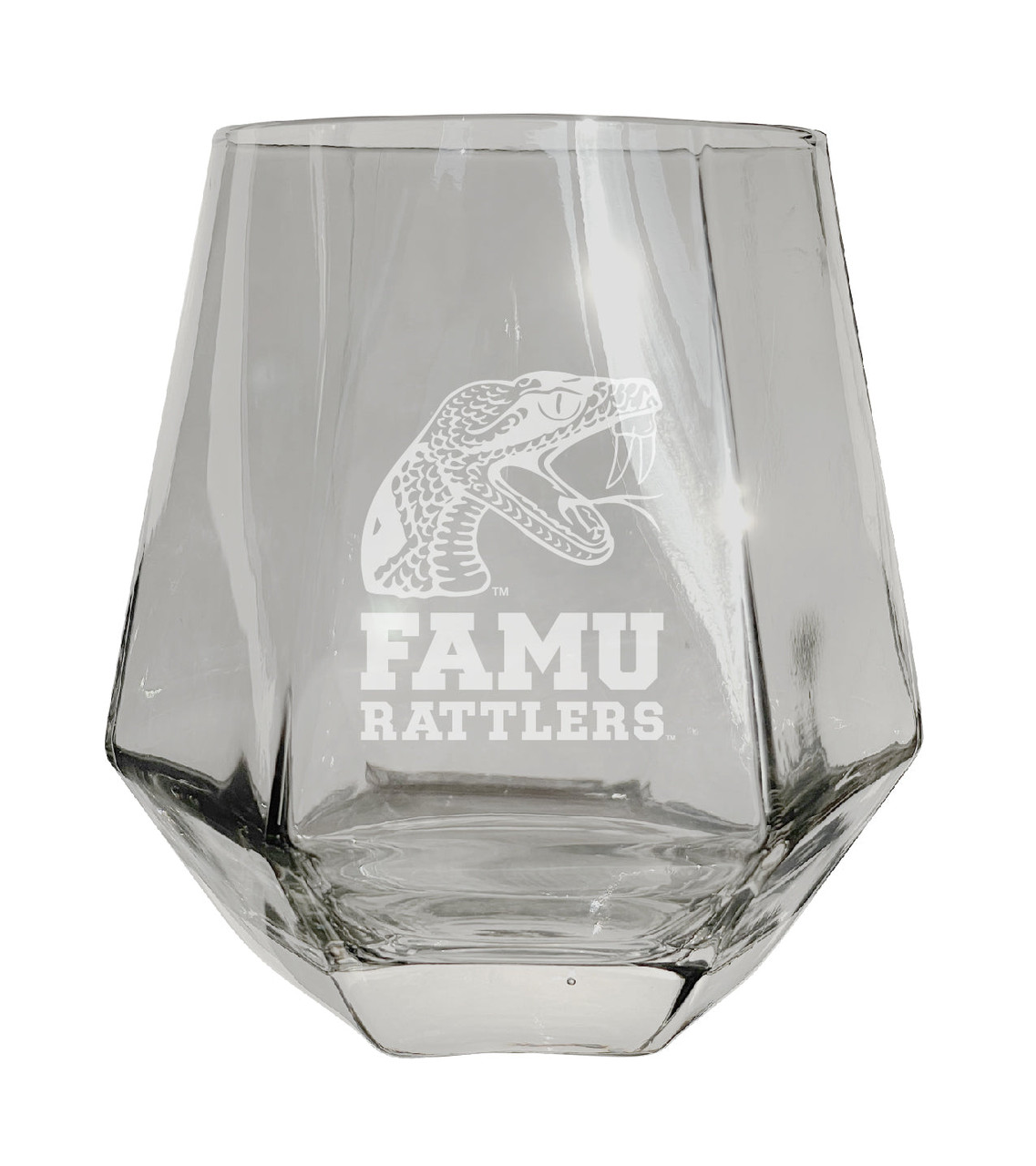 Florida A&M Rattlers Etched Diamond Cut Stemless 10 ounce Wine Glass Clear