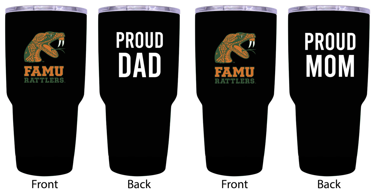 Florida A&M Rattlers Proud Mom and Dad 24 oz Insulated Stainless Steel Tumblers 2 Pack Black.