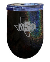 Midwestern State University Mustangs 12 oz Laser Etched Insulated Wine Stainless Steel Tumbler Rainbow Glitter Black