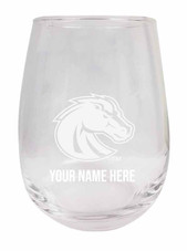 Personalized Customizable Boise State Broncos Etched Stemless Wine Glass 9 oz With Custom Name