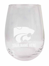 Personalized Customizable Kansas State Wildcats Etched Stemless Wine Glass 9 oz With Custom Name