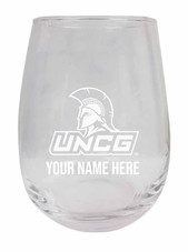 Personalized Customizable North Carolina Greensboro Spartans Etched Stemless Wine Glass 9 oz With Custom Name