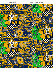 West Virginia University Mountaineers Cotton Fabric with Pop Art Print or Matching Solid Cotton Fabrics