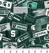 Michigan State University Spartans Cotton Fabric with License Plate Print or Matching Solid Cotton Fabrics