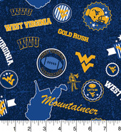 West Virginia University Mountaineers Cotton Fabric with Home State Print or Matching Solid Cotton Fabrics