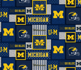 University of Michigan Fleece Fabric with College Patch Design-Sold by the yard