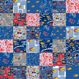 Official Licensed University of Kansas Cheater Quilt Printed Cotton Fabric-Kansas Jayhawks Cotton Fabric with Patchwork Cheater Quilt Print-60 Width Official Licensed University of Kansas Cheater Quilt Printed Cotton Fabric-Kansas Jayhawks Cotton Fabric with Patchwork Cheater Quilt Print-60 Width