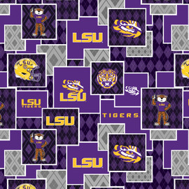 Official Licensed Louisiana State University Cotton Quilting Fabric-LSU Tigers Argyle Boxes Cotton Fabric Sold by the Yard Official Licensed Louisiana State University Cotton Quilting Fabric-LSU Tigers Argyle Boxes Cotton Fabric Sold by the Yard