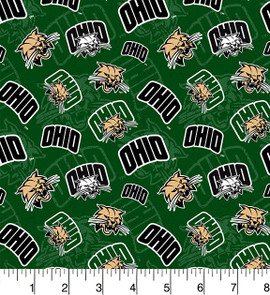 Ohio University Bobcats Cotton Fabric with Tone On Tone Print Ohio University Bobcats Cotton Fabric with Tone On Tone Print