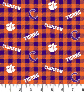 Clemson University Tigers Cotton Fabric with Buffalo Plaid Print Clemson University Tigers Cotton Fabric with Buffalo Plaid Print