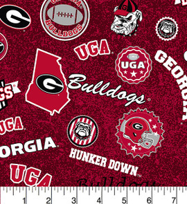 University of Georgia Bulldogs Cotton Fabric with Home State Print University of Georgia Bulldogs Cotton Fabric with Home State Print