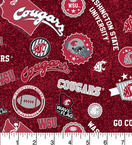 Washington State University WSU Cougars Cotton Fabric with Home State Print Washington State University WSU Cougars Cotton Fabric with Home State Print