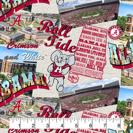 University of Alabama Crimson Tide Cotton Fabric with Scenic Map Print