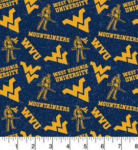 West Virginia University Mountaineers Cotton Fabric with Tone On Tone Print West Virginia University Mountaineers Cotton Fabric with Tone On Tone Print