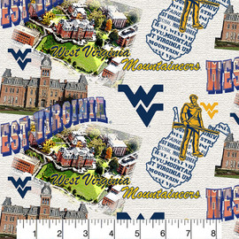 West Virginia University Mountaineers Cotton Fabric with Scenic Map Print