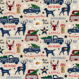 University of Kansas Jayhawks Cotton Fabric with Christmas Print University of Kansas Jayhawks Cotton Fabric with Christmas Print