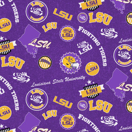 Louisiana State University LSU Tigers Cotton Fabric with Home State Print Louisiana State University LSU Tigers Cotton Fabric with Home State Print