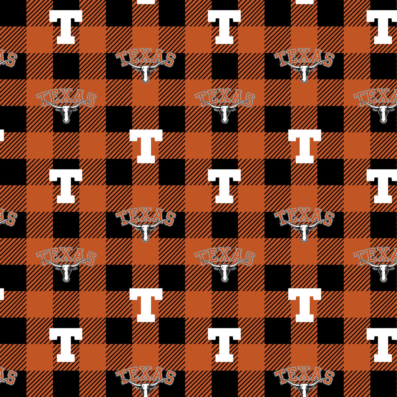 Image of Texas Longhorns Fleece Fabric with Buffalo Plaid design-Sold by the Yard
