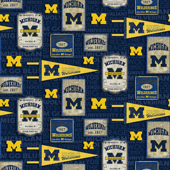 University Of Michigan Cotton Fabric With Vintage Pennant Design Sold By The Yard College Fabric Store