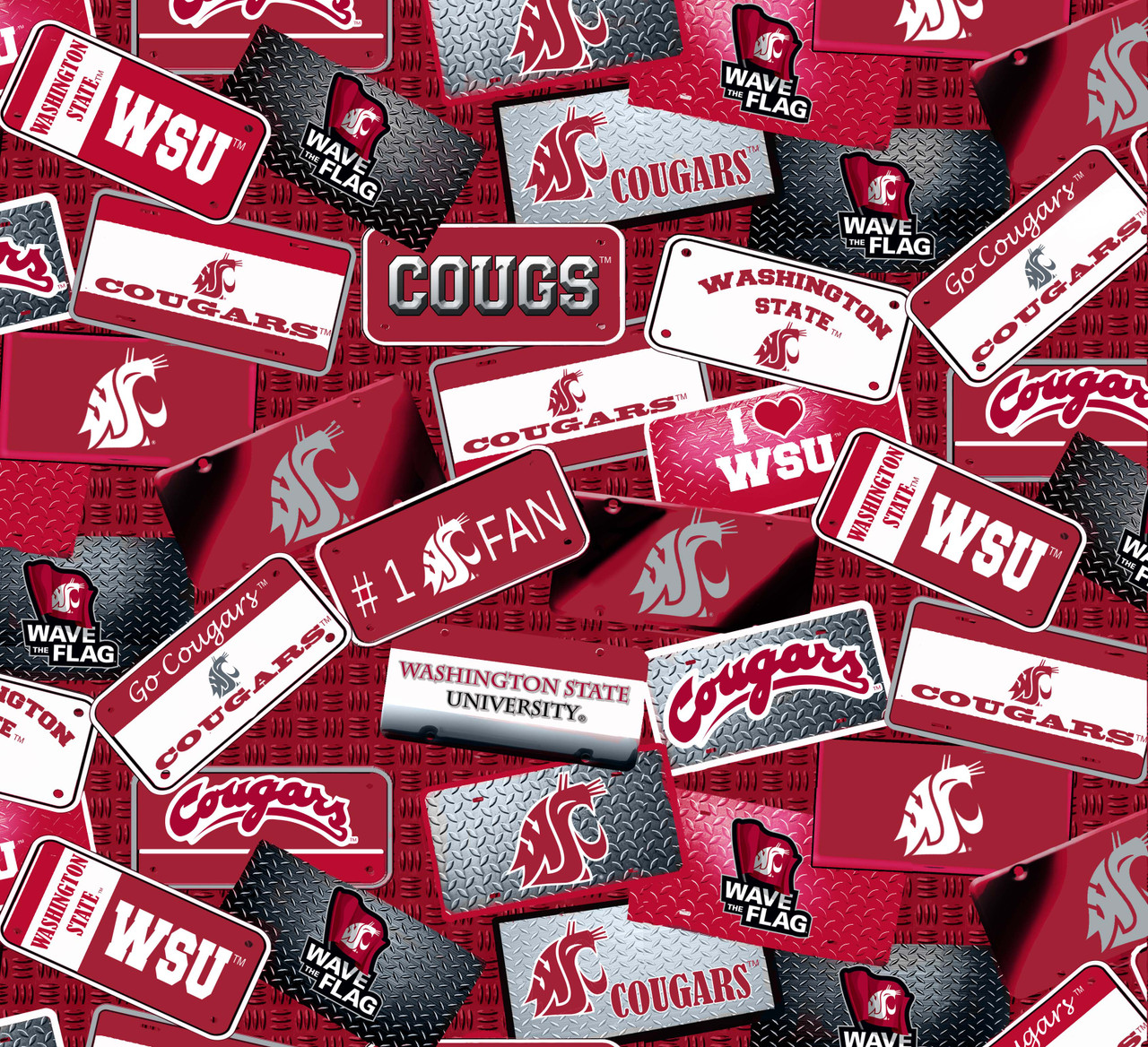 Image of Washington State University WSU Cougars Cotton Fabric with License Plate Print and Matching Solid Cotton Fabrics