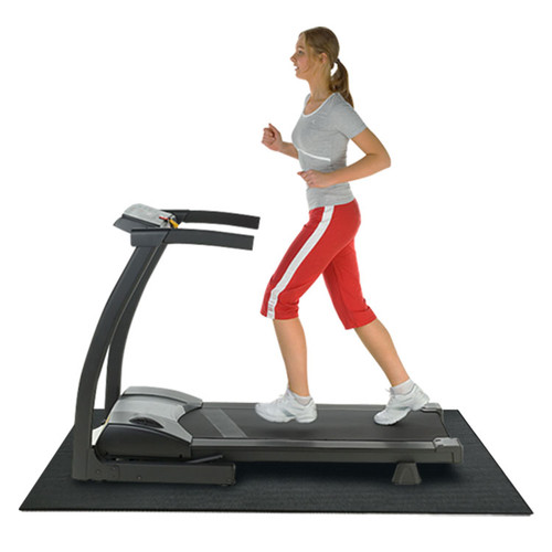 Person running on black treadmill recycled rubber mat