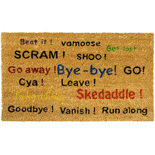 Overhead view of Go Away! Scram! Leave! Humorous Door Mat