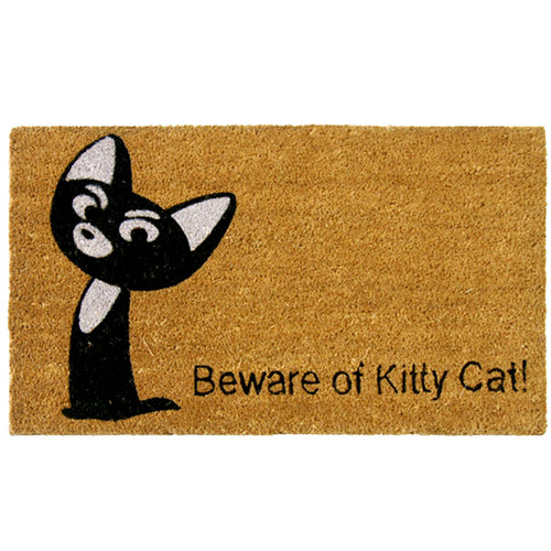 overhead view of Beware of Kitty Cat Doormat