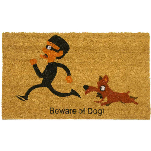 overhead view of "Beware of Dog Welcome Mat"