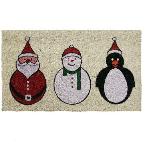 overhead view of "Santa, Snowman and a Penguin Holiday Door Mat"