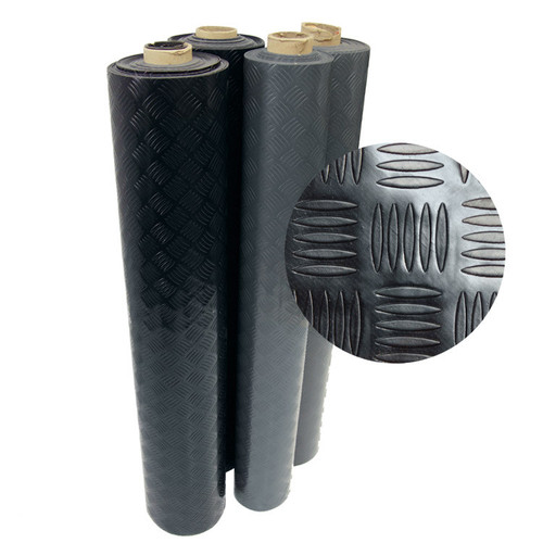 Two Diamond-Grip Rolled PVC Matting, one black roll and one gray roll