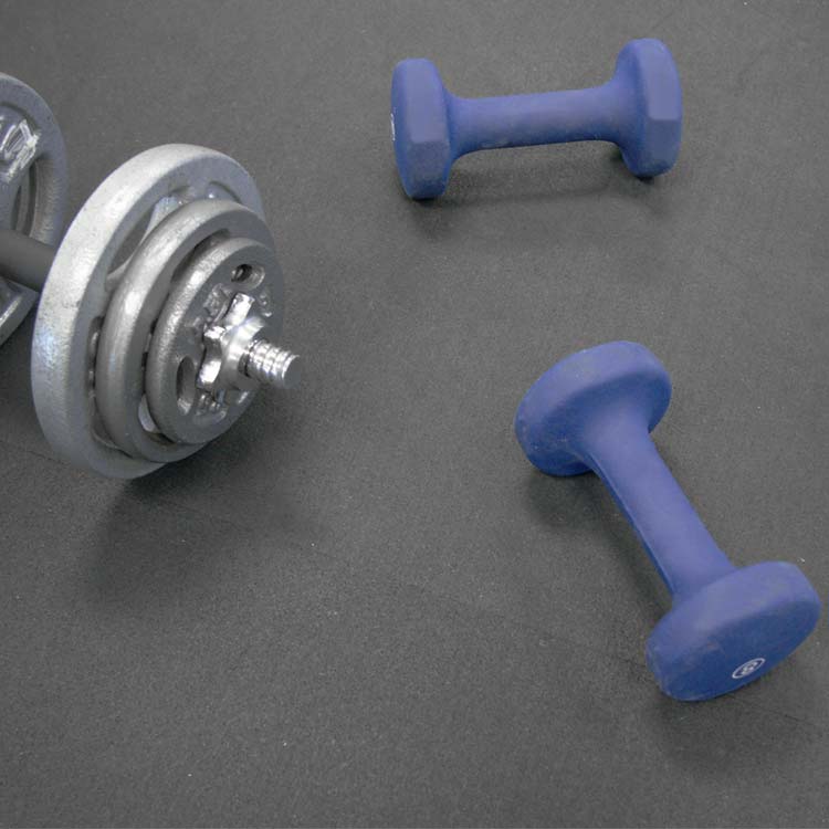 Dumbbell with weight plates and 2 rubber coated dumbbells on Recycled Rubber Floor