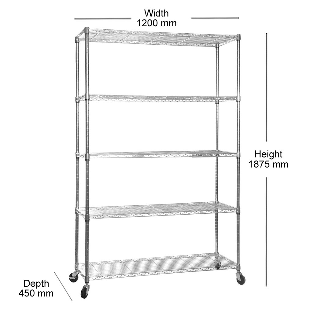 5 Tier Chrome Wire Shelving Unit with Wheels H1875 x D450mm Choice