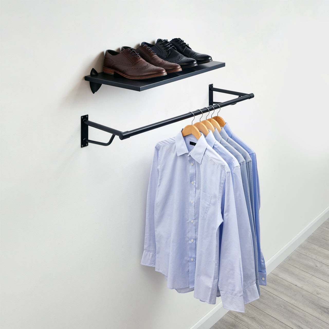 Black Wooden Shelf and Clips with Black Hanging Rail