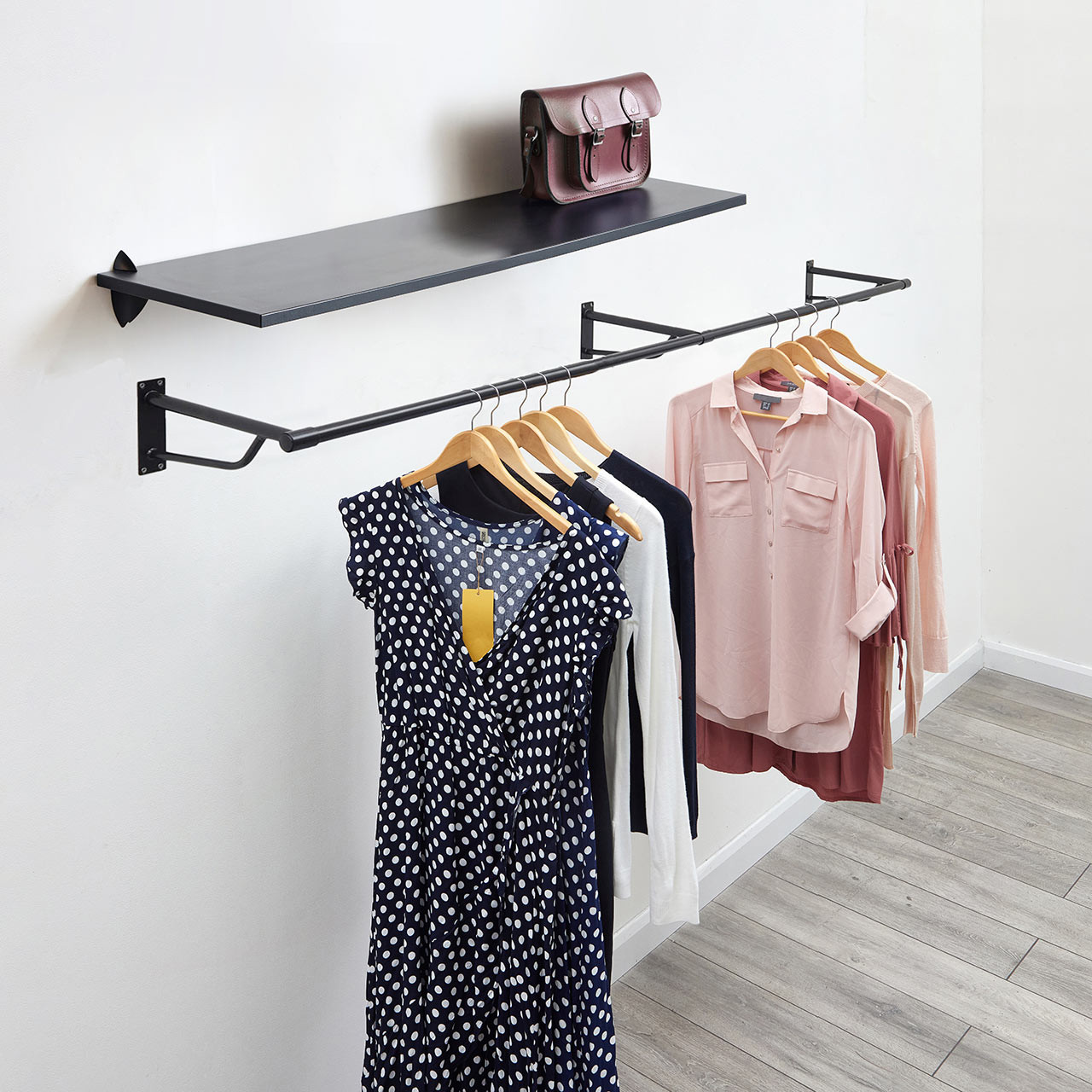 Black Wooden Shelf and Clips with Black Hanging Rail
