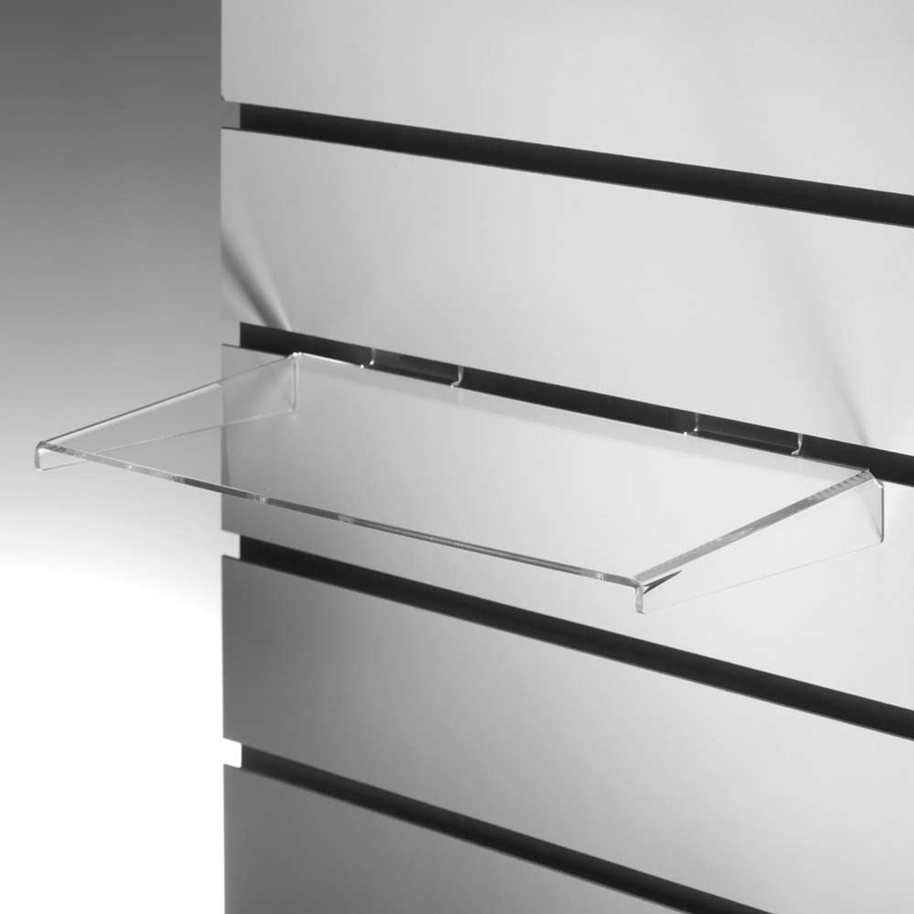 Clear Acrylic Slatwall Shelf with Side Supports W250 x D100mm