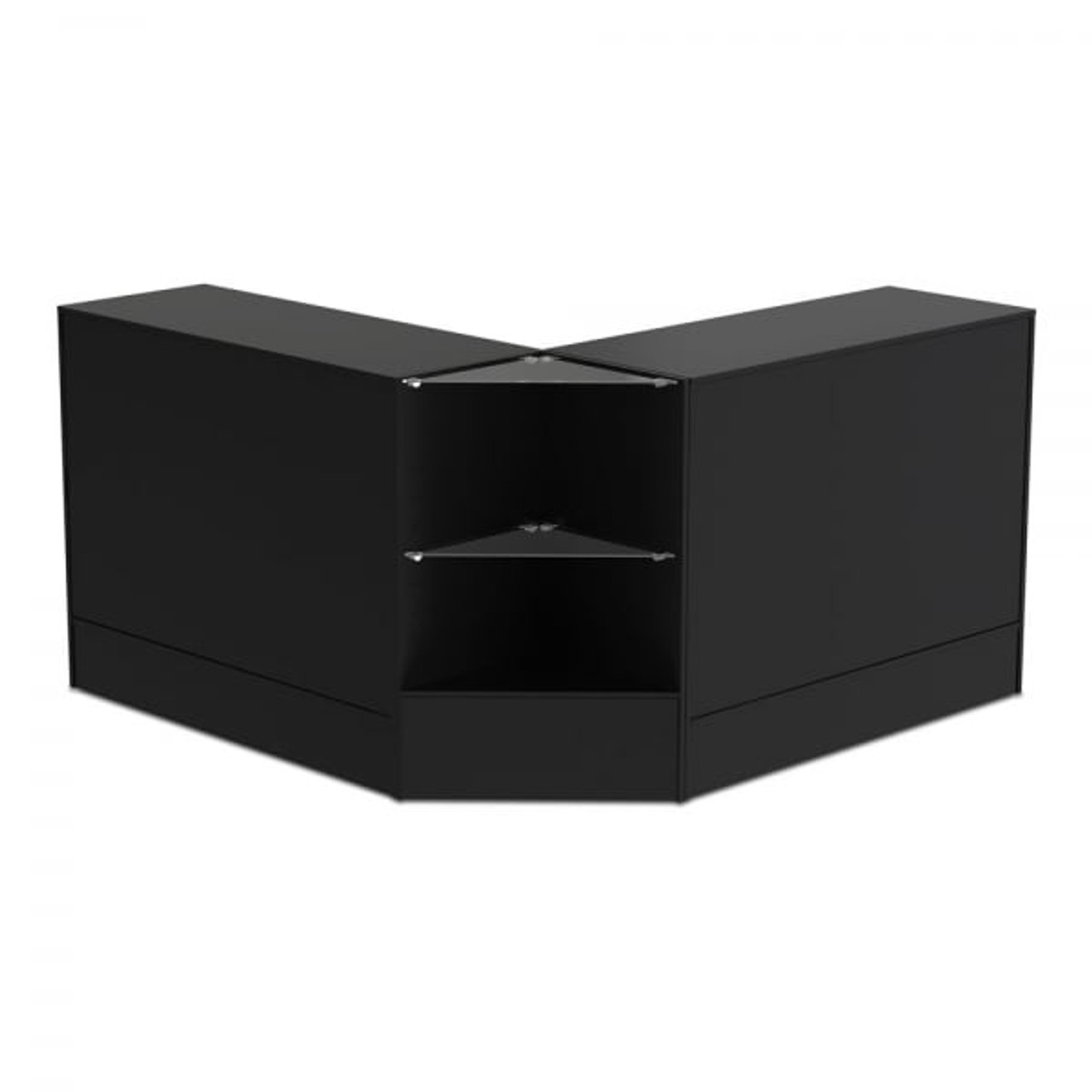 2 x Black Shop Counters and 1x Corner Display Unit with Glass Shelves