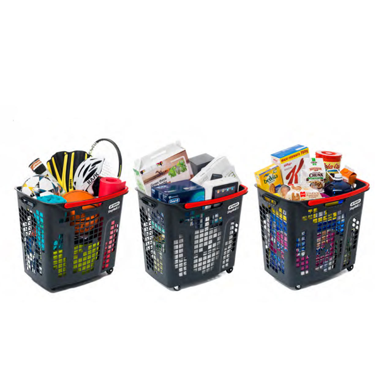 Pack of 9 Black/Red Plastic Shopping Basket With Wheels And Handle