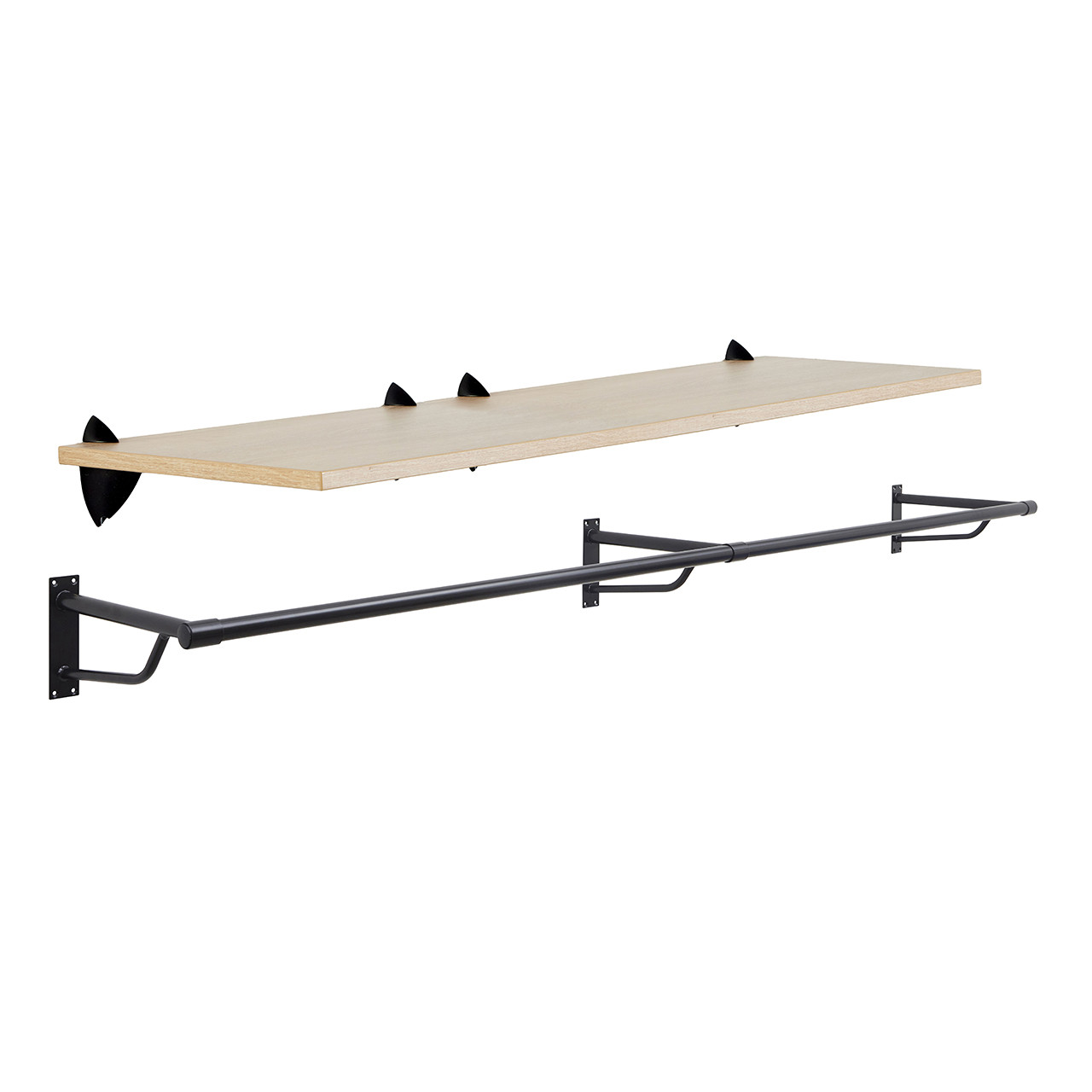 Oak Wooden Shelf and Clips with Black Hanging Rail