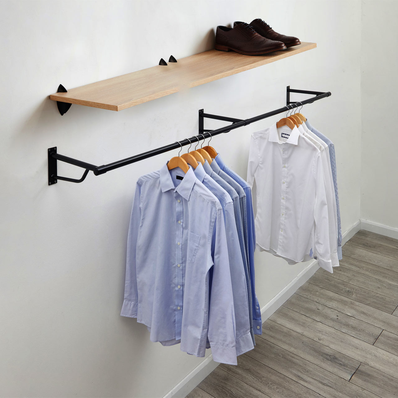 Oak Wooden Shelf and Clips with Black Hanging Rail