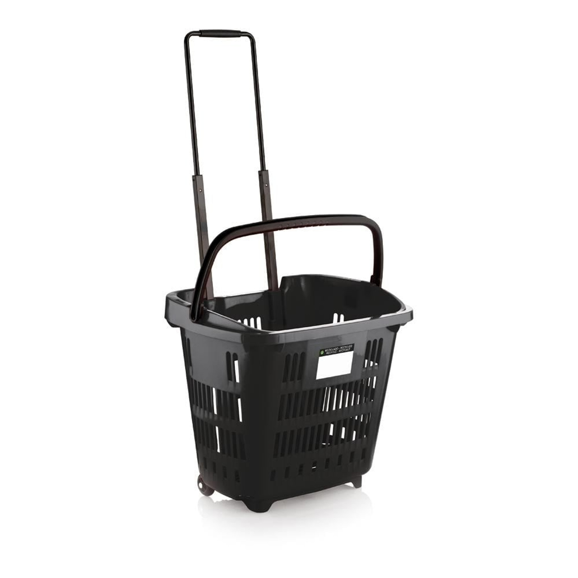Pack of 10 Black Plastic Shopping Basket With Wheels And Telescopic Handle 34L 34 Litre
