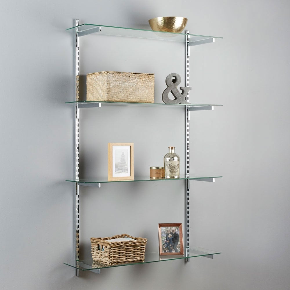 Chrome & Glass Twin Slot Shelving Kit D300mm 4 Shelves, 4 Square Brackets Choice of