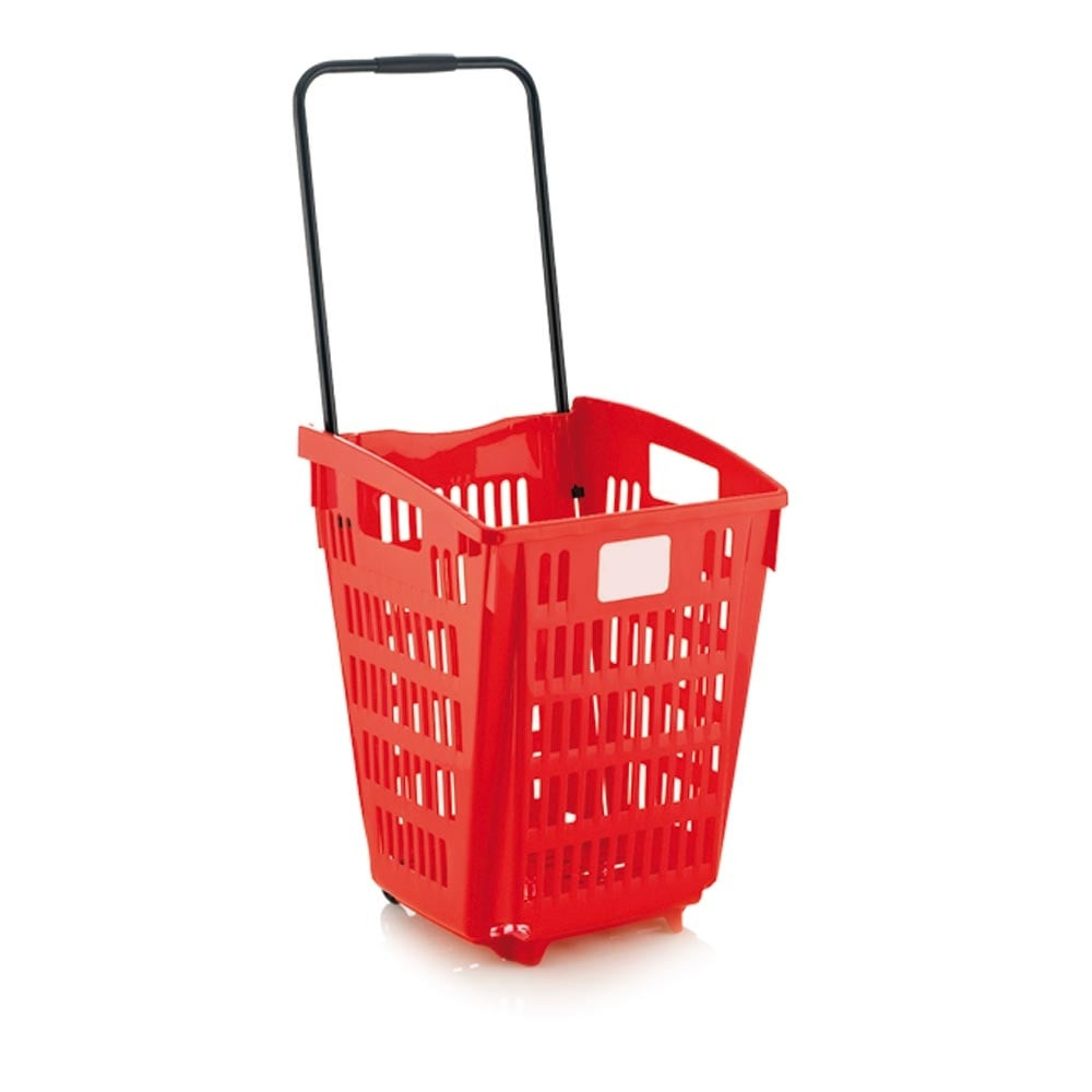 Red Plastic Shopping Basket With Wheels And Telescopic Handle 52L