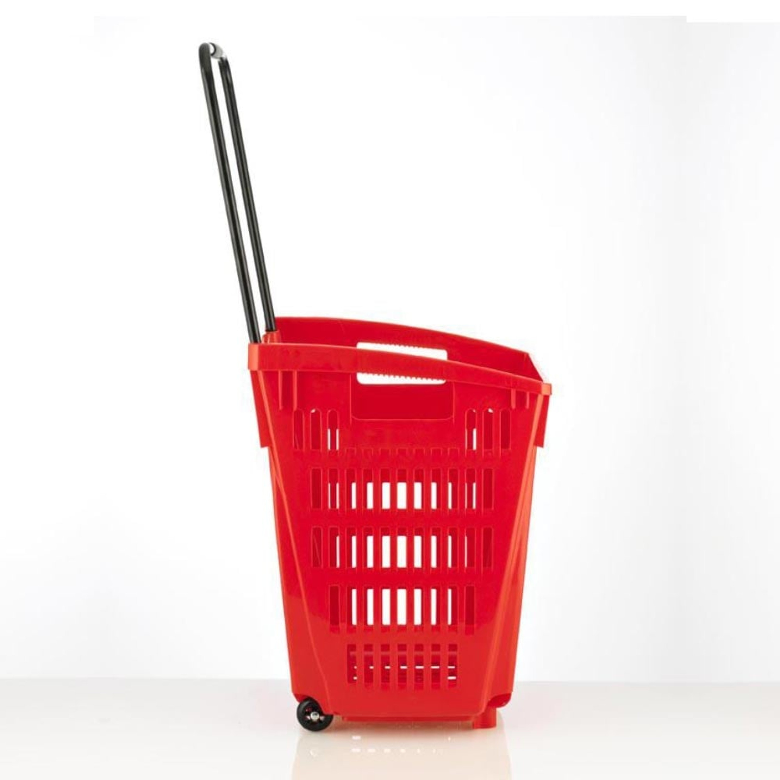 Red Plastic Shopping Basket With Wheels And Telescopic Handle 52L H529 x W390 x D390mm Red Plastic Shopping Basket With Wheels And Telescopic Handle 52L H529 x W390 x D390mm