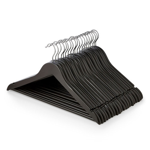 Matt Black Wooden Hangers with Trouser Bar and Shoulder Notches - 45 cm