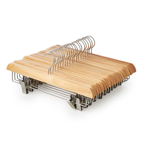 Straight Wooden Clothes Hangers with Soft-Grip Chrome Clips - 35.5 cm