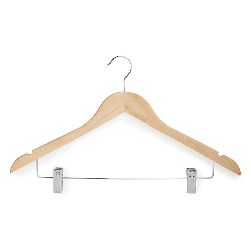 Shaped Wooden Hangers with Clips and Shoulder Notches - 45 cm